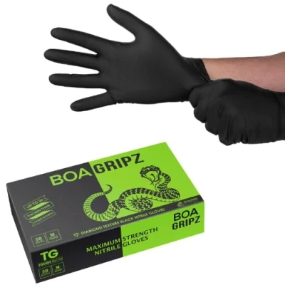 Image of TG TOUGH GLOVE BOA GRIPZ (S) Nitrile Gloves (Pack Of 100) Strong Black Disposable Powder &amp; Latex Free Lightweight Mechanic Industrial