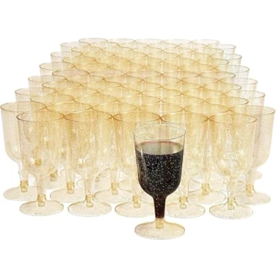 Image of MATANA 50 Premium Plastic Wine Glasses with Gold Glitter (180ml) Hard Glass, Reusable Cups for Cocktails, Dessert, Large Parties, Weddings, Birthdays, Picnic