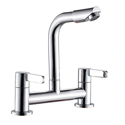 Image of Dual Lever Kitchen Sink Mixer Taps Chrome 1/4 Turn 2 Hole Deck Mounted Modern 360 Swivel Spout Brass Basin Faucet (Chorme)
