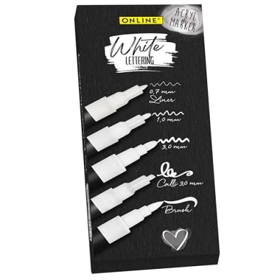 Image of Online Set of 5 Hand Lettering Pens, White, Strong Opaque Starter with Brush Pen, Fineliner, Calligraphy Pen &amp; Markers, White Acrylic Marker Pens for Bullet Journal, DIY Projects