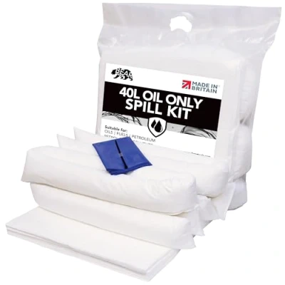Image of 40L Spill Kits (40L, Oil/Fuel) UK Manufactured, White, Repels Water, Can be used for Oils and Oil Based Fluids Including Fuels, Lubricants other Hydrocarbon Fluids, Clip Top Kit Design
