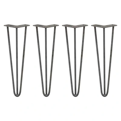 Image of 4 x Hairpin Legs/Hair Pin Legs Set SkiSki Furniture Desk Bench Chair Coffee Table Stand DIY Project 16&quot; 3 Prong 10mm Raw Steel &amp; Protector Feet Polymer Disk Traditional Rustic Style…