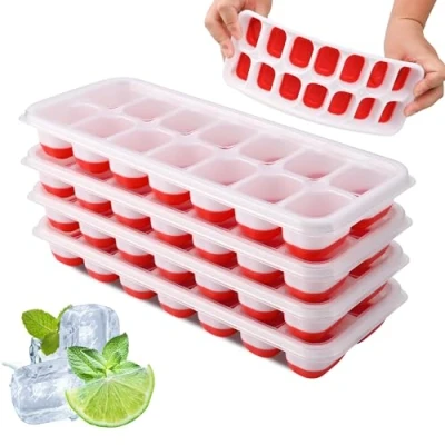 Image of Ice Cube Tray, 4 Pack Silicone Tray with Lid, Easy Release BPA Free Trays for Freezer, Moulds Whiskey, Cocktails, Drinks(Red)