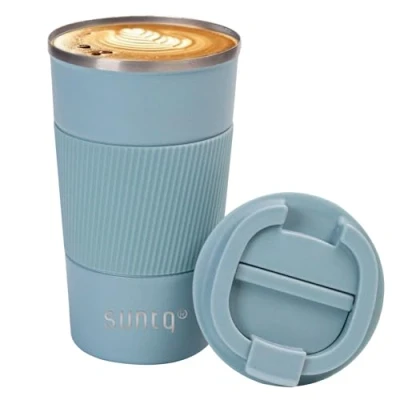 Image of SUNTQ Reusable Coffee Cups Travel 510ml Mug with Leakproof Lid Thermal Insulated Cup Stainless Steel Rubber Grip for Hot and Cold Drinks Light Blue