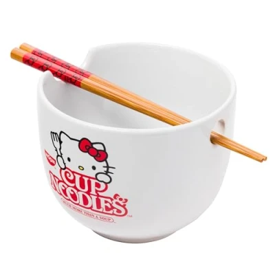 Image of Silver Buffalo Hello Kitty Cup Noodles Nissin Boxed Ceramic Ramen Noodle Bowl with Chopsticks, 20oz