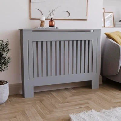 Image of Vida Designs Chelsea Radiator Cover Modern Slatted Grill Slats Grey Painted MDF Cabinet, Medium, (H: 82 / W: 112 D: 19 cm)
