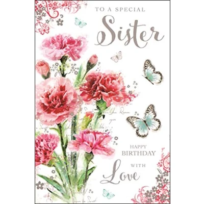 Image of Artistic Special Sister Birthday Card (JJ SG13) Pink Carnations and Butterflies Stunning Foil, Flitter Embossed Finish Greeting for Her from The Beautiful Secret Garden Range