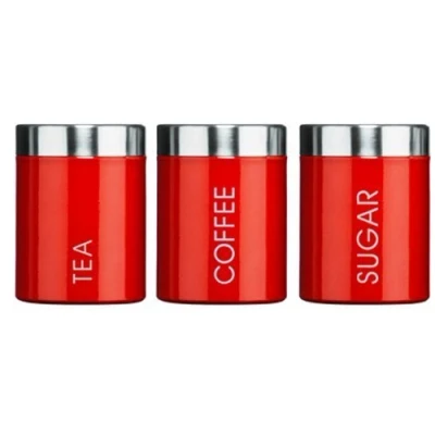 Image of Kabalo Red Set of 3 Tea Coffee &amp; Sugar Canisters Kitchen Storage Containers Jars Pots (10cm x 12cm each)