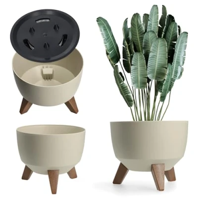 Image of KADAX Elevated Plant Pot, Large Plastic Planter with Legs for Indoor and Outdoor Use, Durable Round Houseplants (⌀ 24 cm, Cotton Colour)