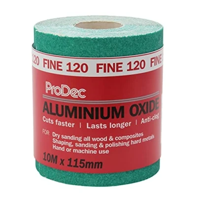 Image of ProDec 10m Roll 120 Grit Fine Grade Green Aluminium Oxide Abrasive Sanding Paper for Wood, Paint, Plaster, Filler, Metal and More, 115mm Wide Sandpaper Compatible with Machine Sanders
