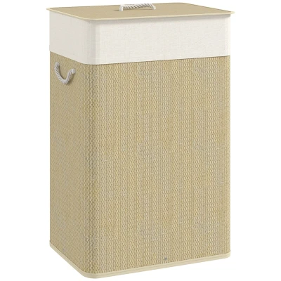 Image of HOMCOM Bamboo Laundry Basket with Lid, 72L Hamper Rope Handles, Washing Removable Washable Liner Bag for Bathroom, Bedroom, Nature Wood Finish