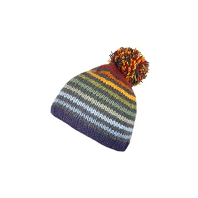 Image of Pachamama Women Wool Beanie Bobble Hat Sherpa Fleece Lined Handknitted Multicoloured Striped One Size Handmade Extra Warm Fair Trade