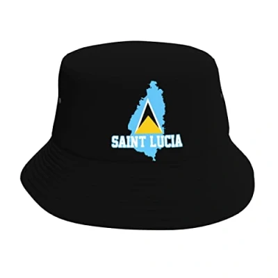 Image of WanwEN Bucket Hat Saint Lucia Flag Country Map Printed Sun Hats Fisherman Outdoor Summer Travel Hiking Beach Caps Black