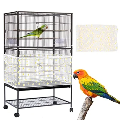 Image of Yepper Large Bird Cage Cover, Seed Catcher, Adjustable Soft Nylon Mesh Net with Daisy Pattern, Birdcage Cover Skirt Guard for Parrot Parakeet Macaw Round Square Cages (White)