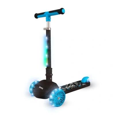 Image of Zinc Kids 3 Wheel T motion Shine Scooter Blue, Light Up Led Flashing Wheels and Stem, Height Adjustable, Folding, Non Slip Grips, Boys &amp; Girls, Lean To Steer, Great Gift Idea, 3+
