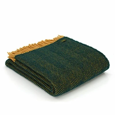 Image of Tweedmill Textiles Herringbone pure new wool blanket throw rug Emerald Green/Mustard Yellow BRITISH MADE