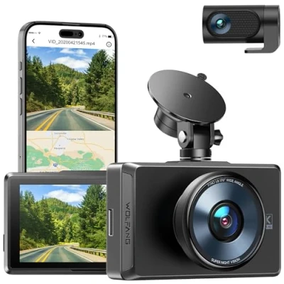 Image of 4K Dash Cam Front and Rear, WOLFANG Dashcam GPS WiFi, 3 IPS Touch screen, Night Vision, WDR, 24H Parking Mode, 170Wide Angle, G Sensor, Motion Detection, Loop Recording