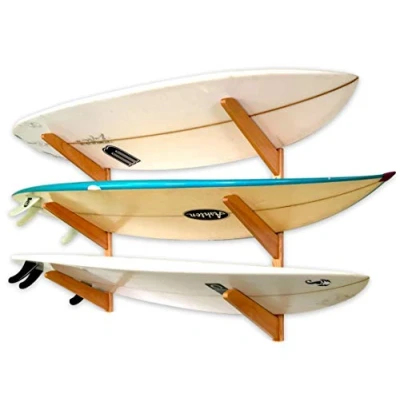 Image of StoreYourBoard Timber Surfboard Wall Rack, Holds 3 Surfboards, Wood Home Storage Mount System, Natural