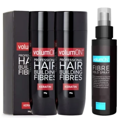 Image of Hair Fibres x2 VOLUMON Keratin Building For Thinning Instantly Conceals Areas Fuller Thicker Men &amp; Women 28g + 100ml Fibre Hold Spray (Black)
