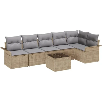 Image of vidaXL 7 Piece Garden Sofa Set with Cushions in Black Poly Rattan