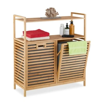 Image of Relaxdays Laundry Basket with Shelves, 2 Tiltable Bins, 40 litres Each, Bamboo, Fabric, HxWxD: 95 x 88 33 cm, Natural