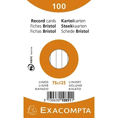 Image of Exacompta Bristol Lined Record Cards, 75x125 mm Assorted Colours, Pack of 100