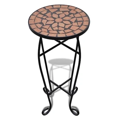 Image of vidaXL Balcony Mosaic Side Coffee Table Iron Frame Plant Stand, Elegant Curved Legs, Ceramics Terracotta/Black, Weatherproof, Easy Clean