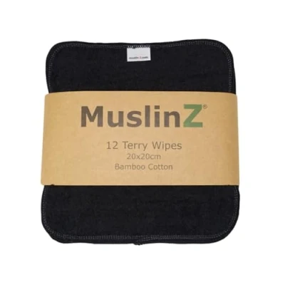 Image of MuslinZ Wipes Bamboo Cotton Terry 20x20 cms Face Cloth Washable reuseable Baby (Black)