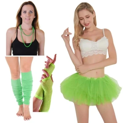 Image of Womens Neon 2 Layer Tutu Skirt Leg Warmer Fishnet Gloves 5 Pieces Set Ladies Novelty Fancy Party Dress Costume (UK 8 14, Green)
