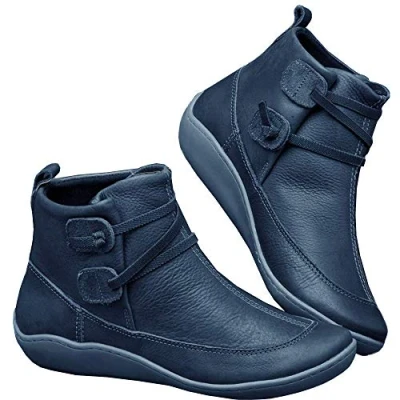 Image of Ladies Boots Wide Fit Flat Leather Ankle Winter Casual Comfortable Outdoor Walking Shoes Blue 7 UK