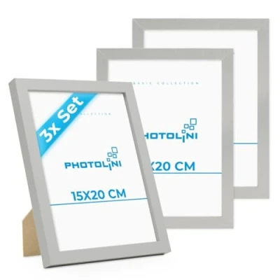 Image of Photolini 15 x 20 cm picture frame silver MDF wood, pack of 3 poster frames 8 6 inches, shatterproof acrylic glass, for wall &amp; tabletop, including accessories ideal photos posters