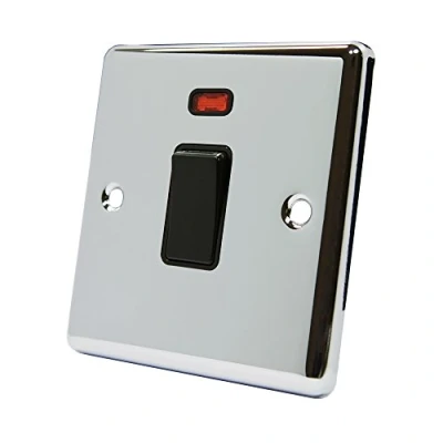 Image of AET CPC20ASWIBL Polished Chrome Classical 20A DP Black Insert Plastic Rocker Switch 20 Amp Double Pole w/Neon Indicator