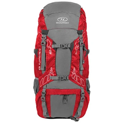 Image of Highlander Discovery Rucksack Lightweight 45L, 65L &amp; 85L Hiking Backpack with Waterproof Cover Ideal for Walking, Travelling, Trekking, Camping and D of E (Red, 65L)