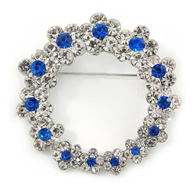 Image of Avalaya Rhodium Plated Clear/Sapphire Blue Crystal Wreath Brooch 45mm