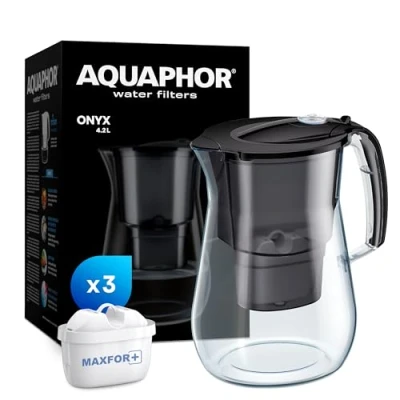 Image of AQUAPHOR Onyx Black Water Filter Jug Counter Top Design with 4.2L Capacity, 3 X MAXFOR+ Filters Included Reduces Limescale Chlorine &amp; Microplastics Perfect for Families, Premium Quality Glass Effect