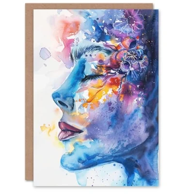Image of Artery8 Ethereal Woman Face Portrait Floral Watercolour Greeting Birthday Card Him Her All Blank