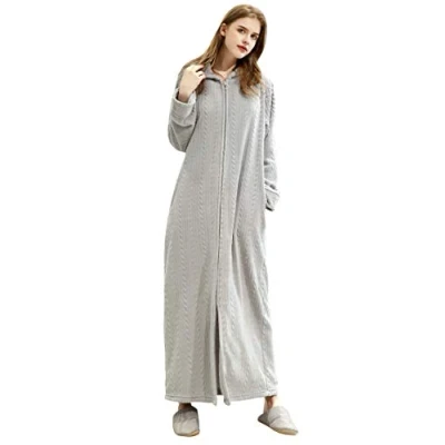 Image of Kinloy Women Full Length Dressing Gowns Hooded Zip Up Fluffy Winter Bathrobe Comfy Oversize Housecoat Sleepwear Nightwear Bath Robe Light Grey XL 14 20 UK