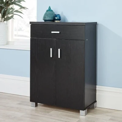 Image of Home Source Shoe Cabinet Storage, 2 Door 1 Drawer Hallway Cupboard, Black, Engineered Wood