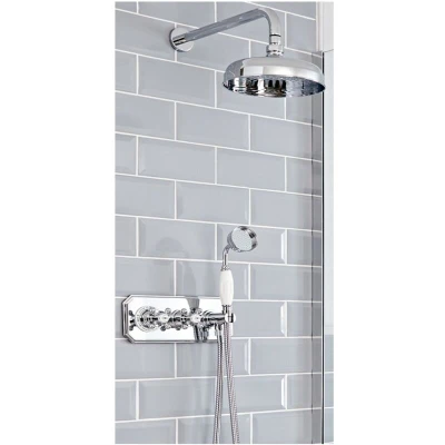 Image of Milano Elizabeth Traditional Twin Diverter Thermostatic Mixer Shower Valve with 200mm Round Rainfall Head and Hand Handset Chrome White