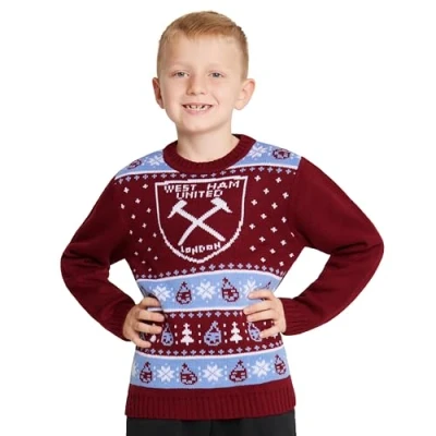 Image of West Ham United FC Christmas Jumper Kids Teenagers Warm Cosy Football Xmas 7 14 Years Gifts for Boys (Red, 9 10 Years)