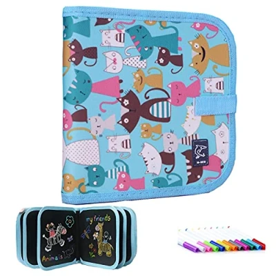 Image of Colouring Book for Children, Reusable, Drawing Board, Wipe Clean, Portable with 12 Pencils, 14 Pages