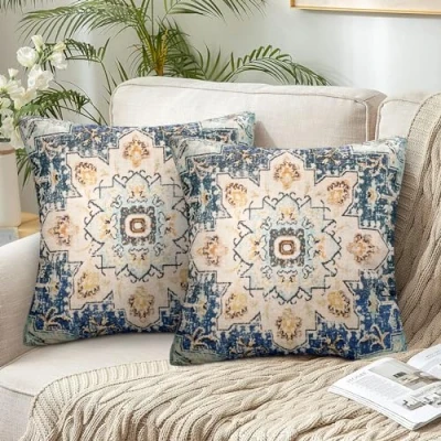 Image of Chicamy Set of 2 Bohemian Cushion Covers, Decorative 40 x cm, Linen Cover, Indian Hippie, Cushion, Mandala Flower Pattern Pillowcase for Sofa, Home Decor