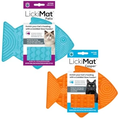 Image of LickiMat Casper &amp; Felix, Fish Shaped Cat Slow Feeders Lick Mat, Boredom Anxiety Reducer; Perfect for Food, Treats and Reduction. (Orange Turquoise, Felix)