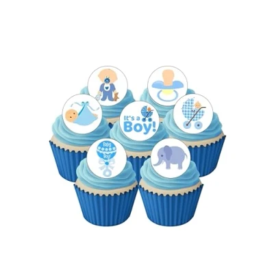 Image of 24 PRE Cut Gorgeous Baby Boy Shower Edible Wafer Paper Cake Toppers Decorations