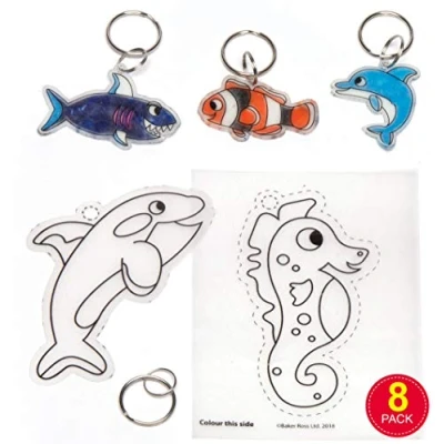 Image of Baker Ross AW393 Sealife Super Shrink Keyrings (Pack of 8), White, 19 x 12 0.8 cm; 70 Grams