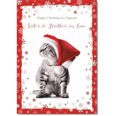 Image of doodlecards Sister &amp; Brother In Law Christmas Card Cat with Santa Hat Medium Size Plain Red Envelope, 21 x 15cm