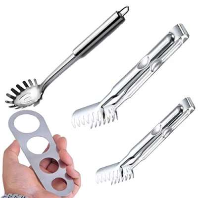 Image of 4 Pieces Stainless Steel Spaghetti Server Set, Jicyor 2pcs Tongs(9Inch and 12Inch) +1pcs Pasta Spoon Measure Tool for Noodles