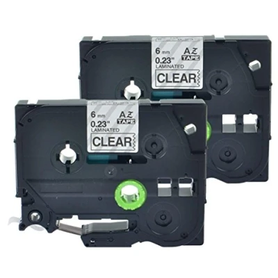 Image of 2 x Compatible Label Tape Replacement for Brother AZe 111 6mm Laminated Adhesive Black On Clear Cassette