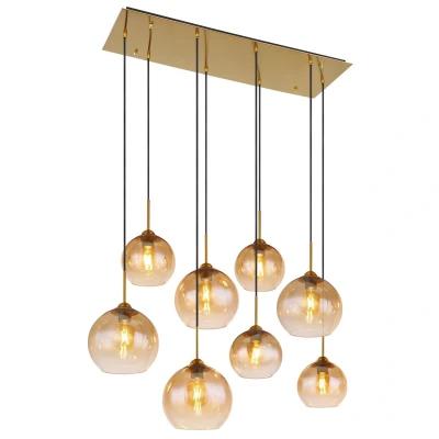 Image of Jamessa Cluster Pendant Ceiling Light Brass Coloured Matt Amber Glass Shade 8x E27