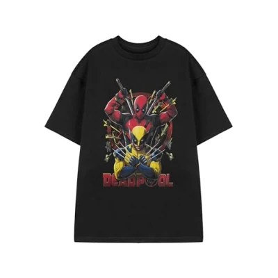 Image of Marvel Deadpool &amp; Wolverine Mens T Shirt Adults Black Short Sleeve Knives Graphic Tee Superhero Comedy Fan Apparel Top 2024 Movie Comic Book Merchandise Gift